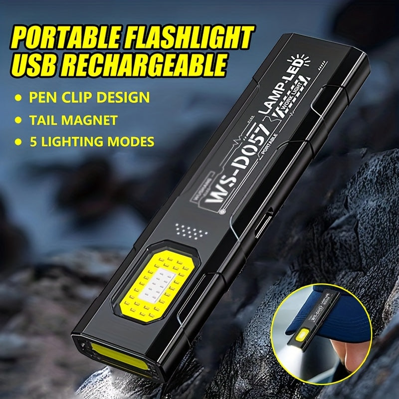 -Pack Handheld LED Flashlights, Portable Mini 5-Mode Torch, USB Rechargeable, Bright Outdoor Lantern with Pen Clip, Red & Blue Strobe Light, Slim & Lightweight Work Light, Ideal for Hiking, Fishing