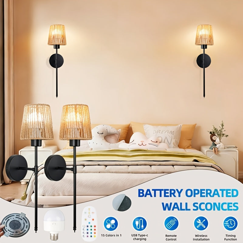 2 Battery Operated Wall Lights, Rechargeable Dimmable 15-Color LED with Remote Control, Linen Shade, Modern Style, Suitable for Bathroom and Living Room, Semi-Flush Mount Installation
