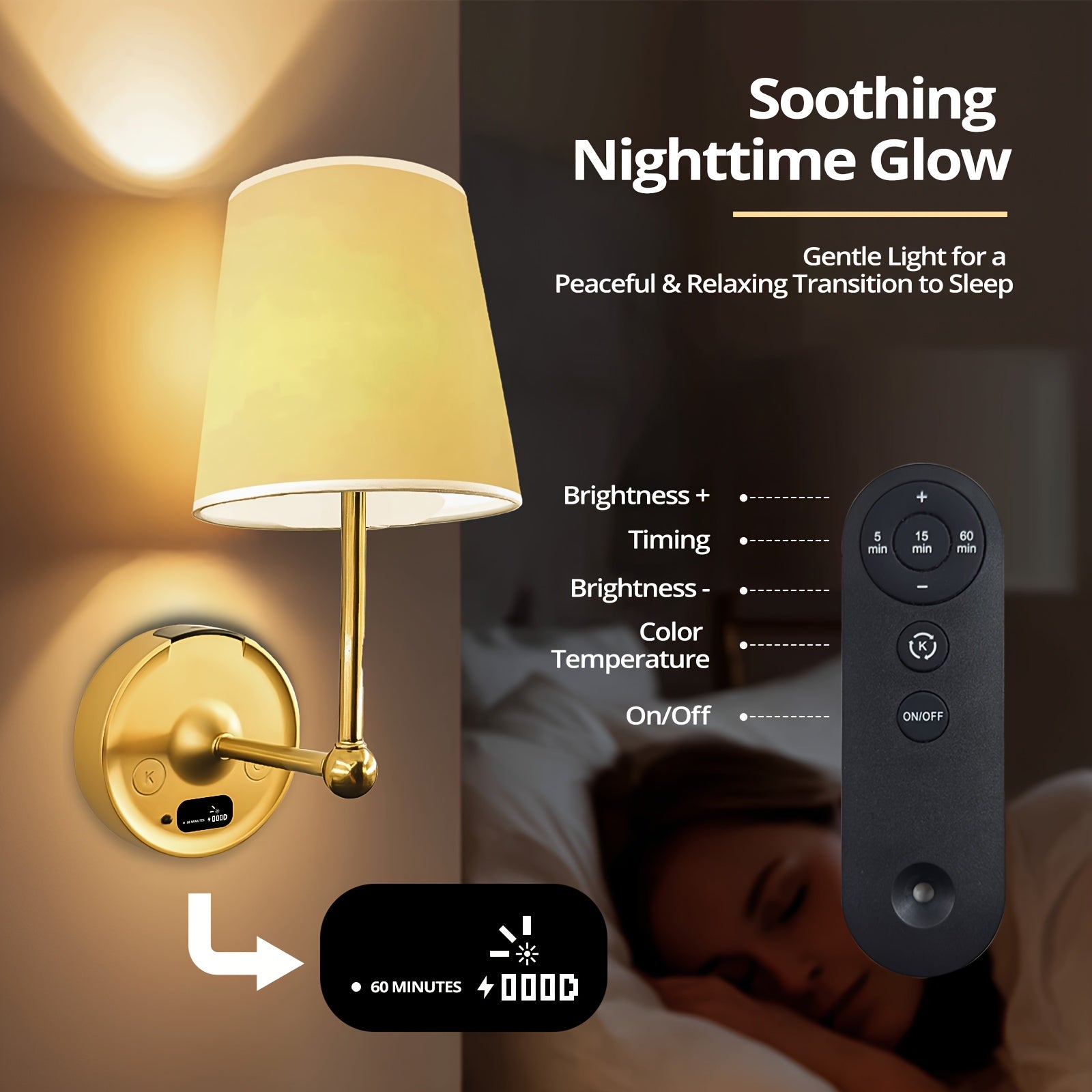 1-Pack Wireless Wall Light (Bulb Included), 3 Color Temperatures Adjustable, with LED Display and Remote Control, Rechargeable Battery 2000mAh (Removable Battery Compartment for Easy Replacement and Charging)