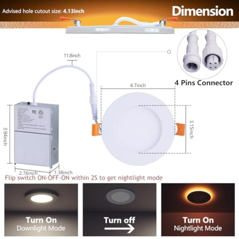 8-Pack 4-Inch LED Recessed Lighting Fixture with Dimmable Night Light Function and 5 Color Temperature (CCT) Adjustable, Suitable for Ceiling / Drop Ceiling, Trimless Design, ETL Certified, IC Certified