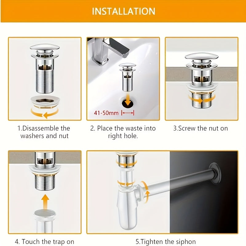 1-Piece Stainless Steel Pop-Up Sink Drain - Push-to-Close, Odor-Proof Bathroom Glass Basin Drainer, Washbasin Waste Fitting