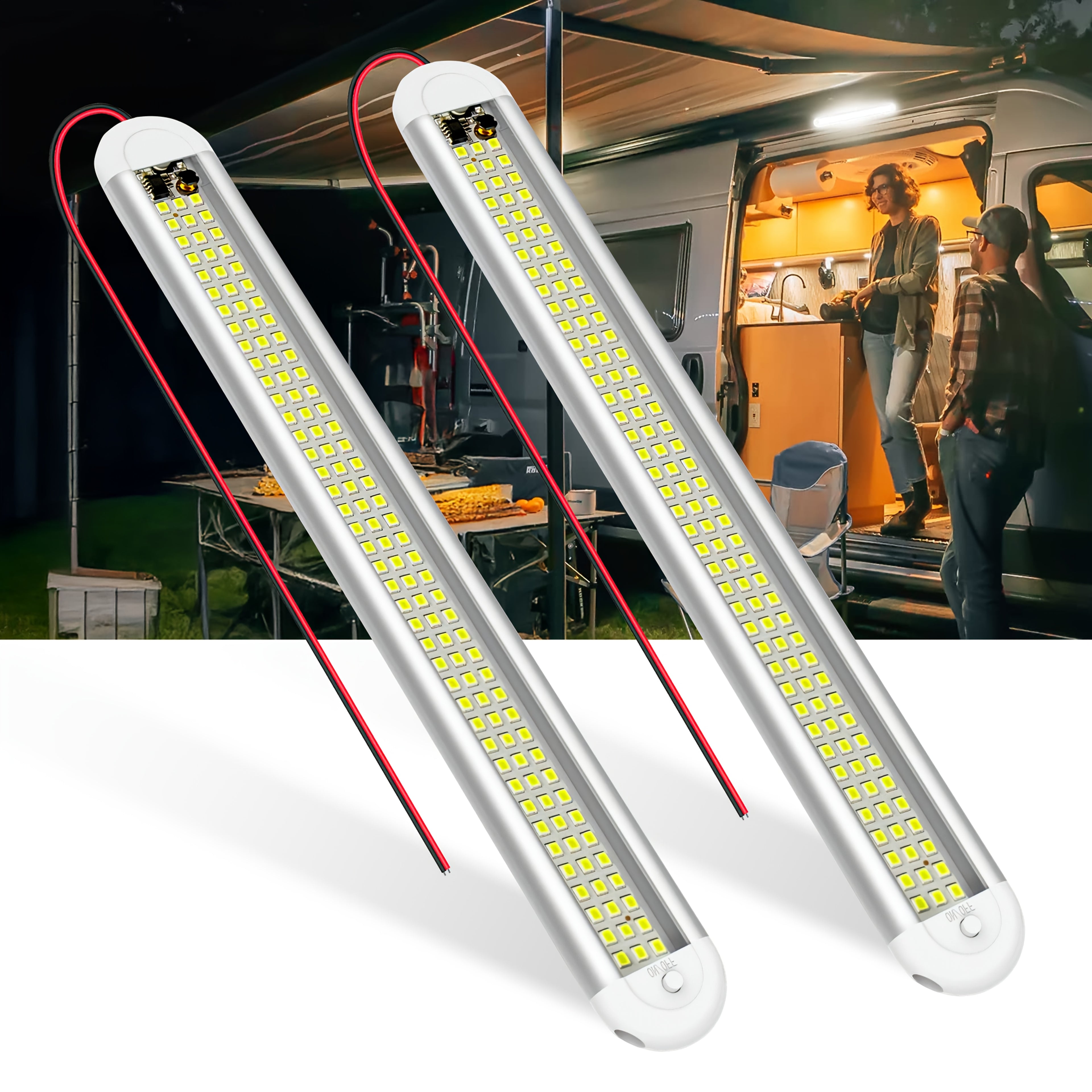 12V LED interior light bar, 120 LEDs 12 volt LED light strip, with switch, suitable for enclosed cargo trailers, cars, RVs, vans, trucks, campers, boats, caravans, motorhomes (2-pack)