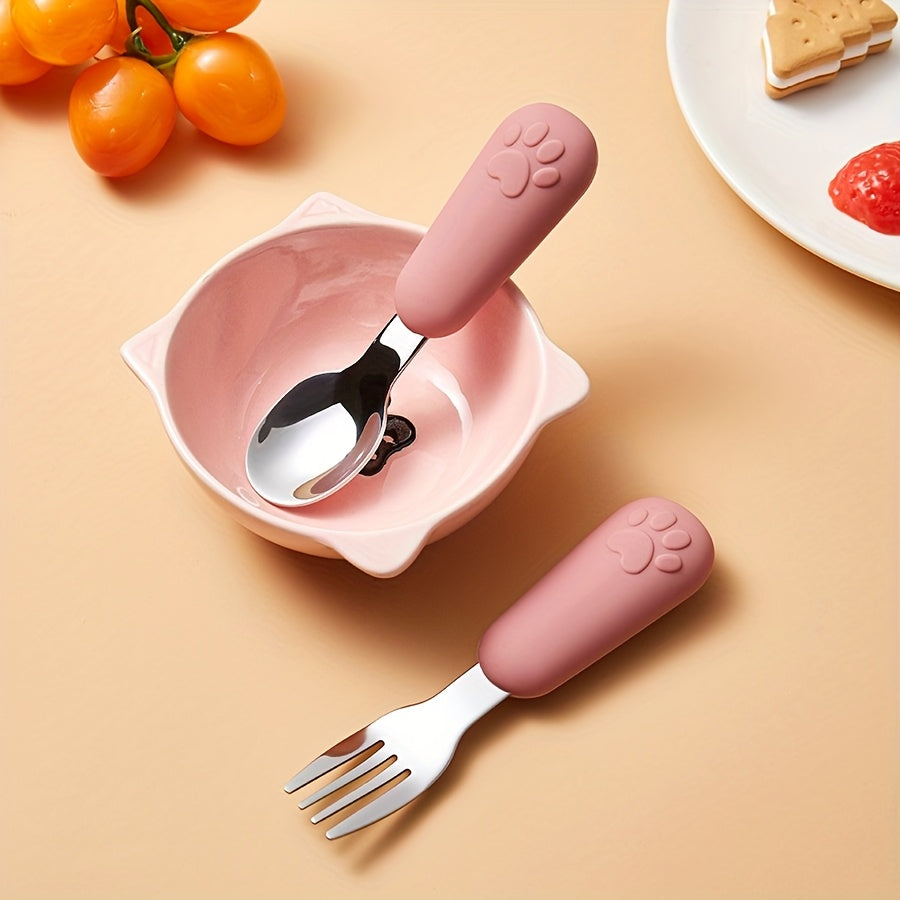 1/2 Set Bear Paw Shape Children's Short Handle Fork & Spoon Set – 304 Stainless Steel Non-Slip Grip | Baby & Toddler Self-Feeding Training Cutlery, Learning Meal Training Utensils