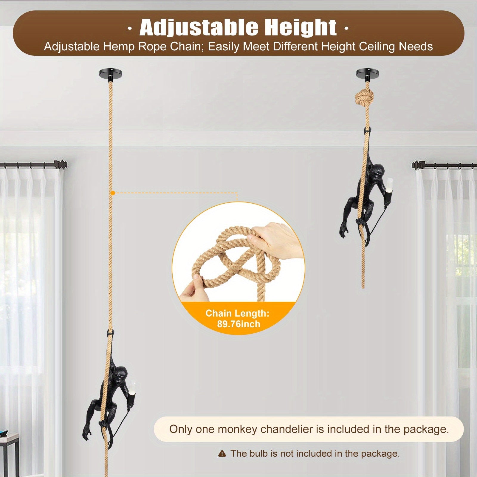 Lightweight Hanging Decor, Monkey Pendant Light, Vintage Resin Monkey-Shaped Pendant Light, Creative Jute Rope Hanging Fixture, Suitable for Dining Room, Living Room, Bar, Cafe