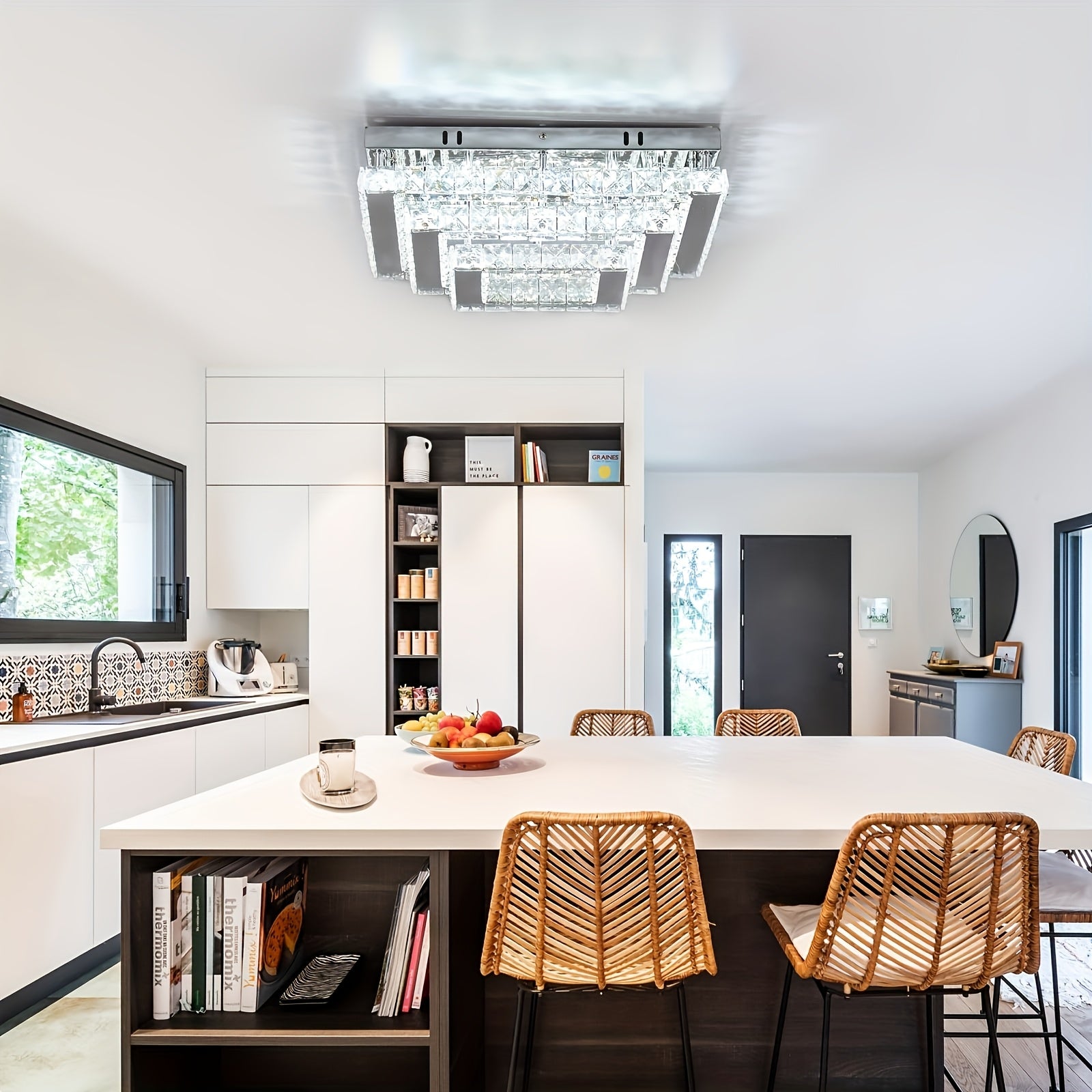 Exquisite Indoor String Light Square Crystal LED Ceiling Light, 15-Inch Modern Pendant Light 3-Layer Flat Panel Ceiling Light, Suitable for Living Room and Dining Room (6500K Cool White Light)
