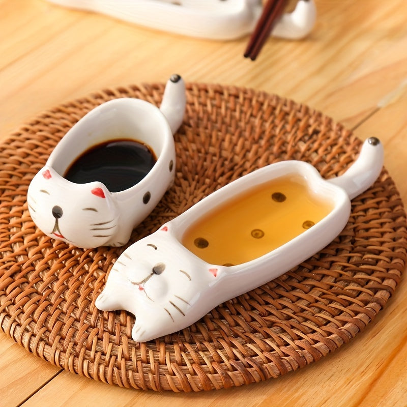 2Pcs/1Set Cat Ceramic Sauce Dish, Ins Japanese Style Cute Cat Multi-Functional Seasoning Tray 10*4.5cm/3.94*1.77in, Chopstick Rest, Small Plate for Snacks, Sushi, Soy Sauce Dip 13.5*4.5cm/5.31*1.77in