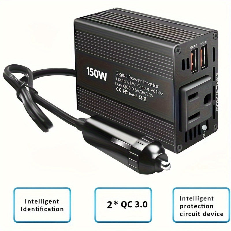 1个150W汽车电源逆变器，12V-36V转110V-130V直流至交流，带3.1A双USB端口，适用于iPhone iPad手机快速充电，车载插头适配器，旅行和车辆用途，高功率输出，黑色时尚设计 |
