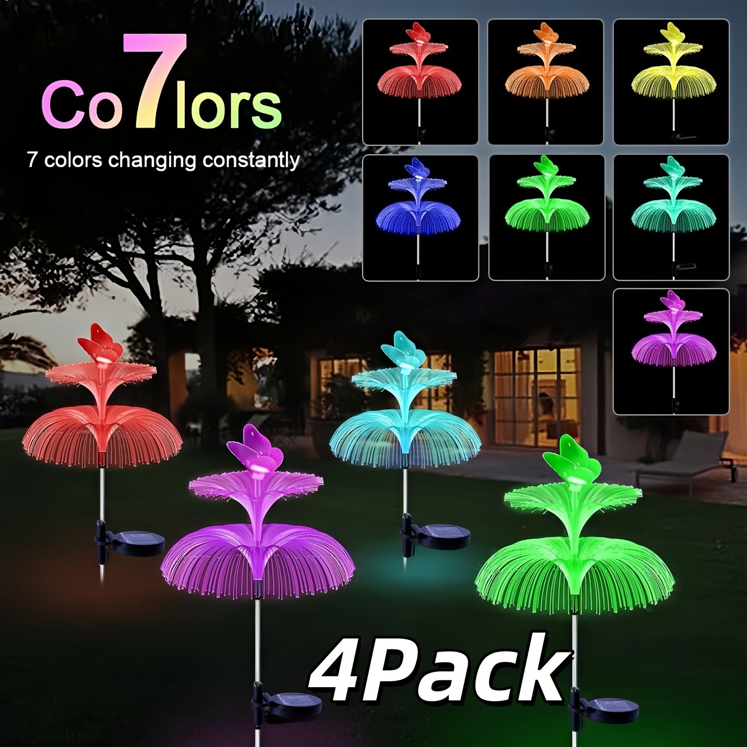 Solar Garden Light 4-Pack Solar Outdoor Decorative Light 7 Color Changing Double Jellyfish and Butterfly Flower Garden Decoration Courtyard Christmas Pool Outdoor Decoration, Gift for Mother and Women