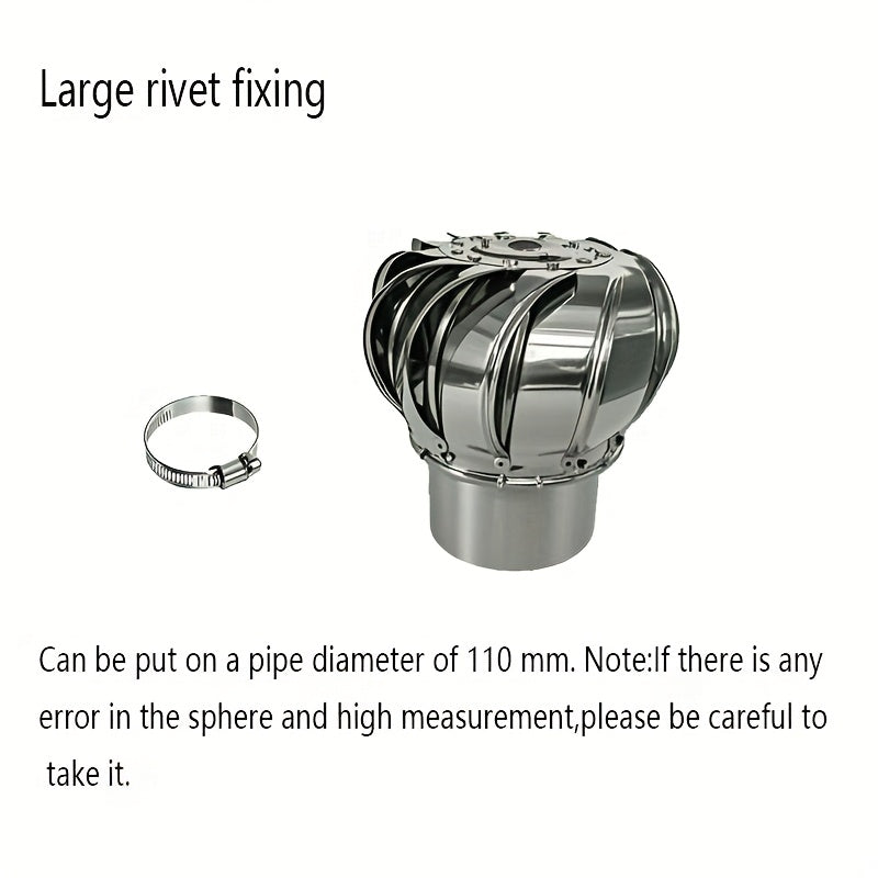 1Pcs Durable Stainless Steel Roof Fan 110mm, Round Rotating Chimney Vent Cap, External Flue Pipe Cover, Heat & Low Temperature Resistant, Corrosion-Proof Non-Electric Wind Turbine Vent, Leakproof Roof Turbine Ventilator for House Factory Attic Farm