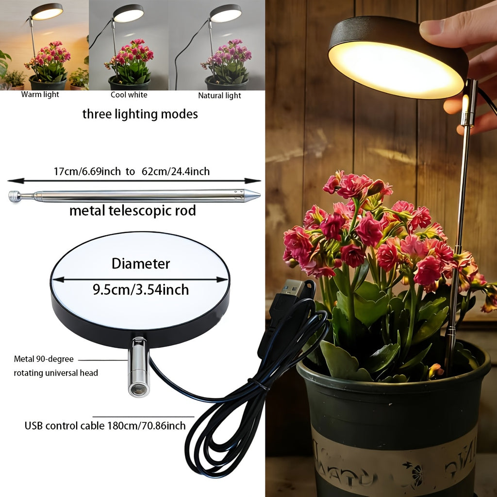 New USB Plant Grow Light, 3.74 Inch Wide Head, Height Adjustable, Multiple Lighting Modes Including Warm White and Yellow Light, Stepless Dimmable Brightness, Ideal for Potted Plants in Multiple Indoor Rooms