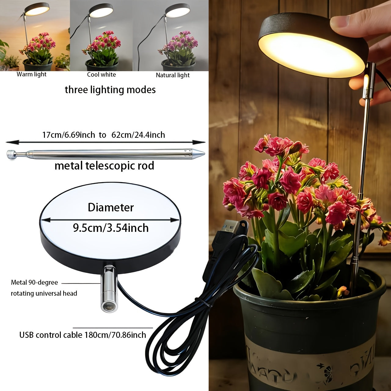 New USB Plant Grow Light, 3.74 Inch Wide Head, Height Adjustable, Multiple Lighting Modes Including Warm White and Yellow Light, Stepless Dimmable Brightness, Ideal for Potted Plants in Multiple Indoor Rooms