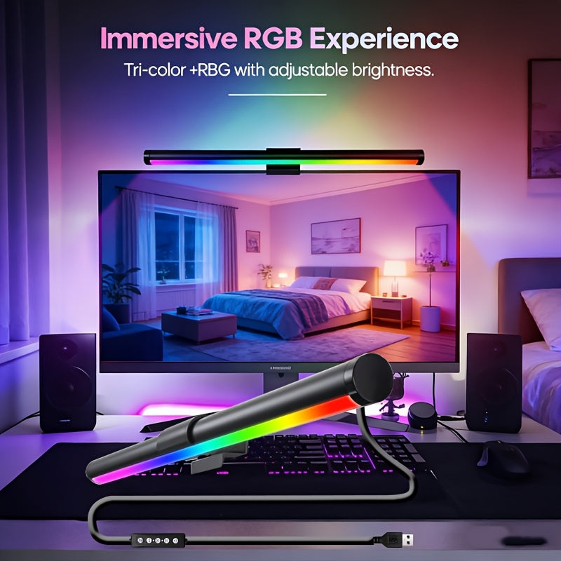 15.57-inch RGB dual-sided screen light, USB screen ambiance light, lighting tube, desk lamp, three-color adjustable, RGB幻彩, five-button USB wired control, 45-degree adjustable angle, eye-protection light, reading light, cool lighting modes