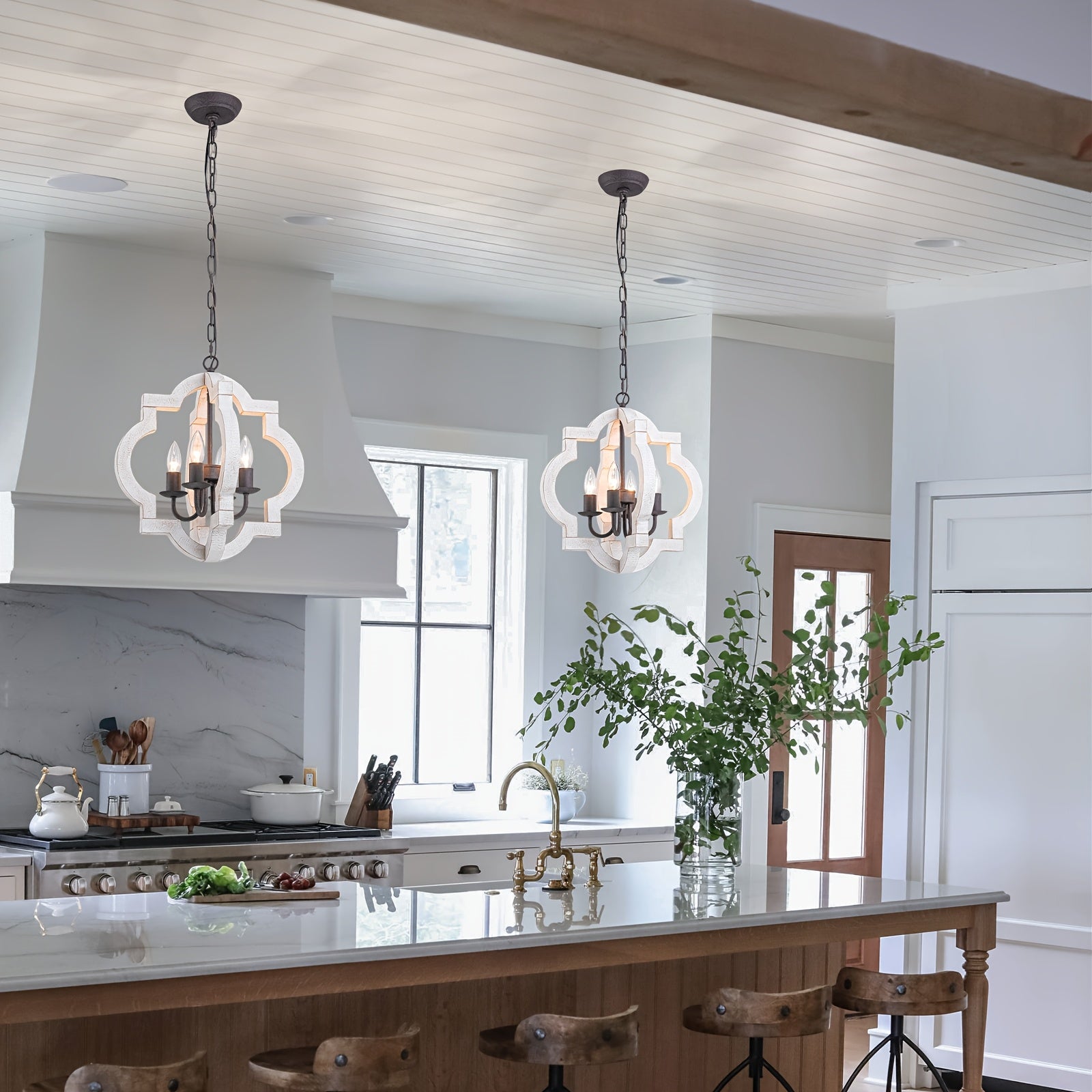 16" oak farmhouse pendant light | faux aged white wood chandelier, suitable for dining room, kitchen, living room, bedroom, entryway, foyer | semi-flush mount installation, polished metal lamp head, E12 bulb base, hardwired, MENCOLULU brand