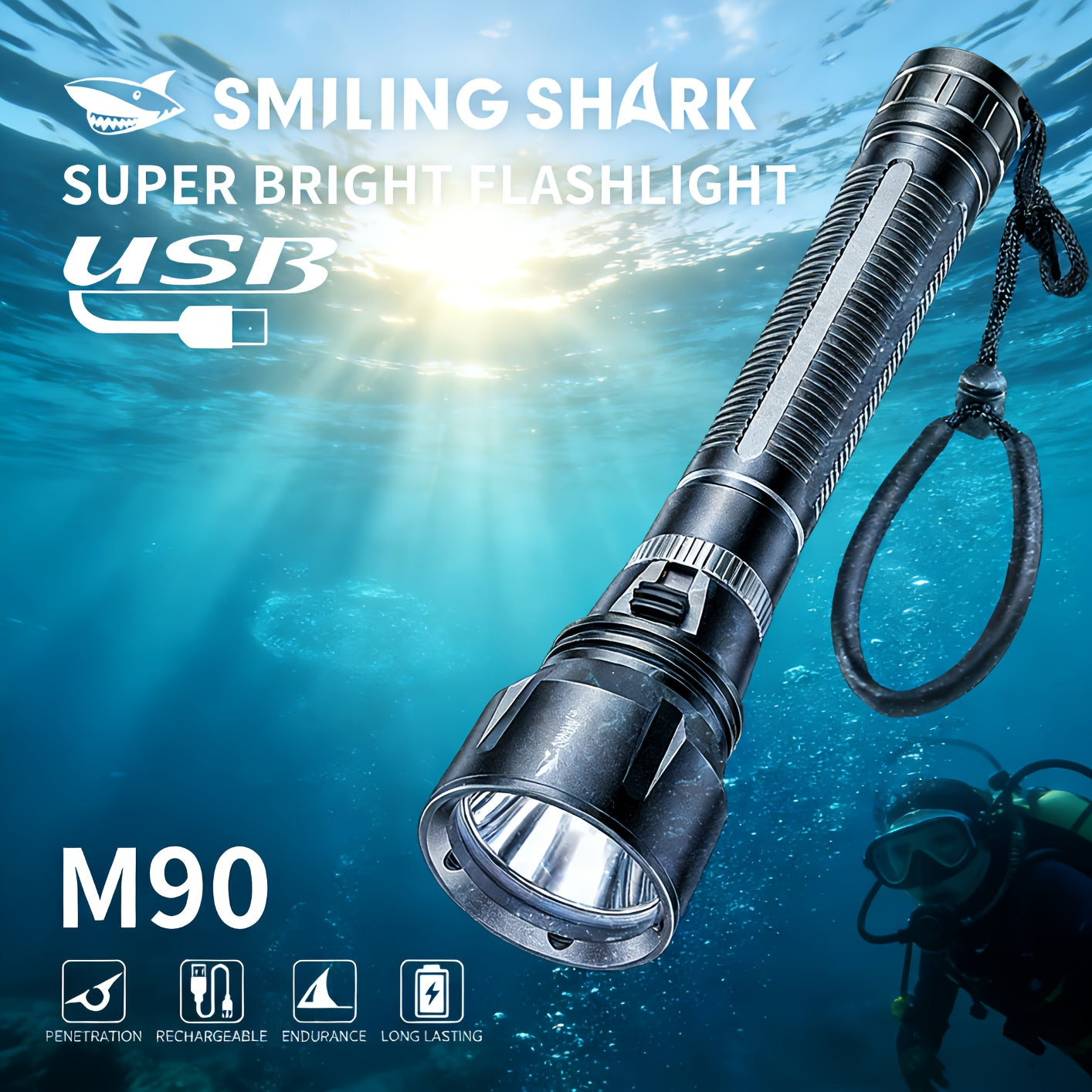 Smiling Shark Rechargeable High Lumen Diving Flashlight, LED High Power Dimmable Ultra Bright Rechargeable Light, for Diving & Night Lighting, Perfect for New Year Christmas Gifts