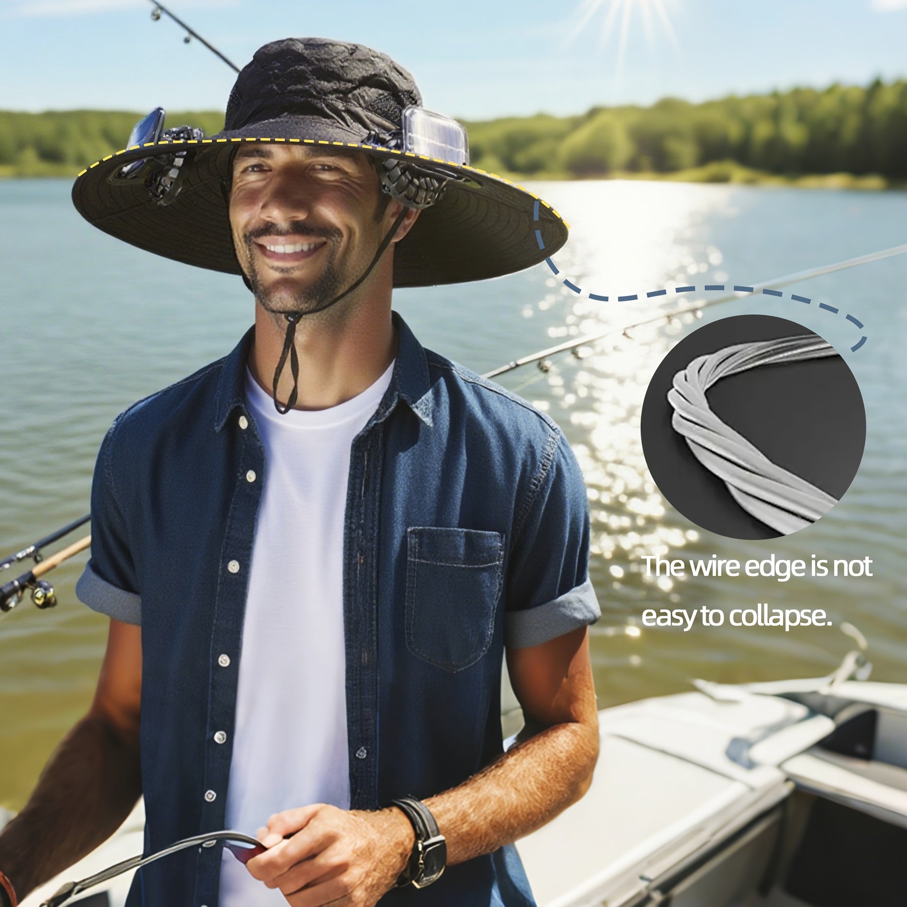 Solar Fan Hat, 800mAh Large Capacity Battery, 15cm Brim with Steel Wire Edging, UPF50+, Built-in 2 Pcs 180° Adjustable Fans, Solar & USB Dual Charging Support, Perfect for Beach, Camping, Fishing and Outdoor Activities