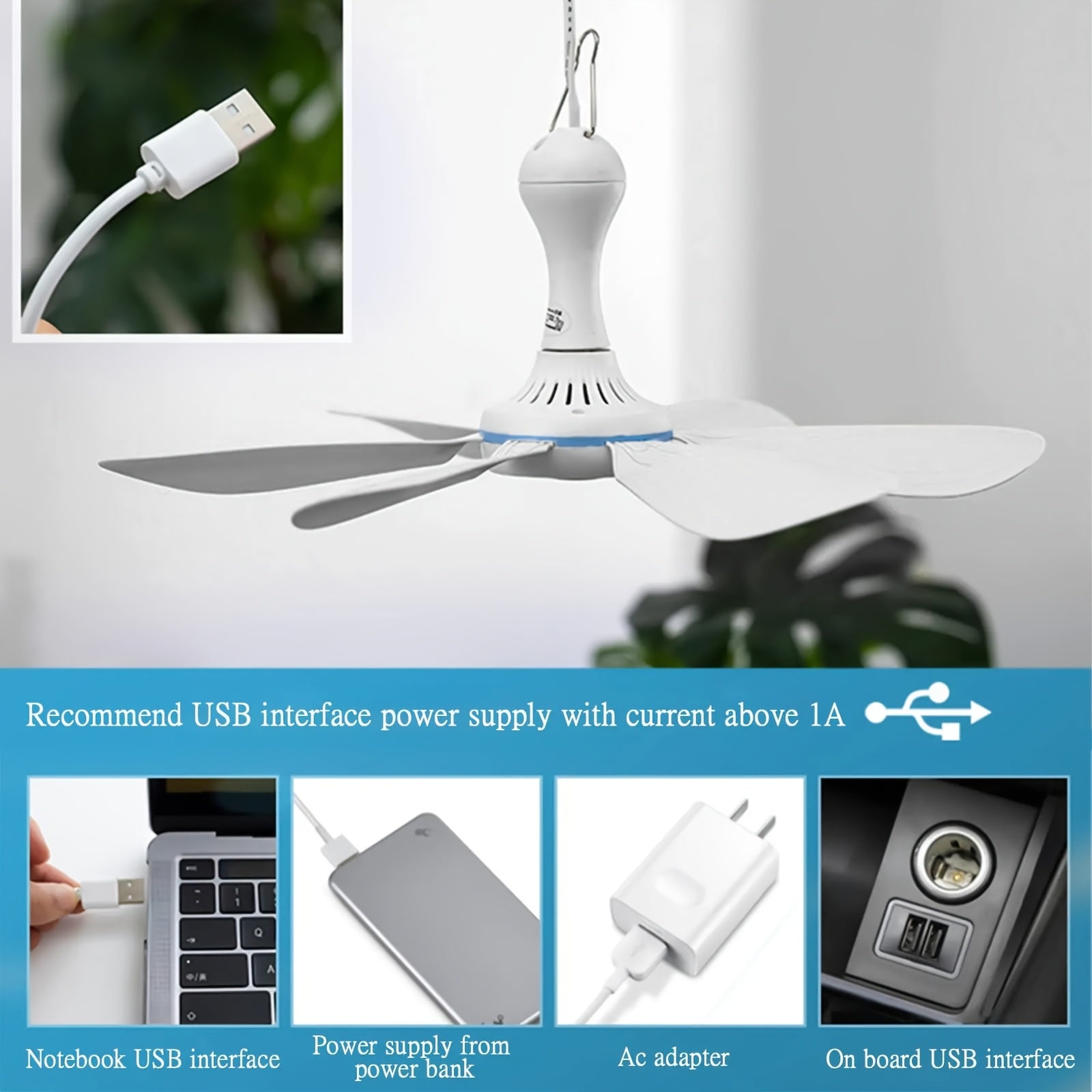 SENBOWE Silent Ceiling Fan - Ultra-Quiet Portable USB-Powered Hanging Fan with Sturdy Hook, Ideal for Camping, Dorm, Office, Bedroom - No Remote Needed, USB Cooling Fan, Portable Fan, Camping Gear