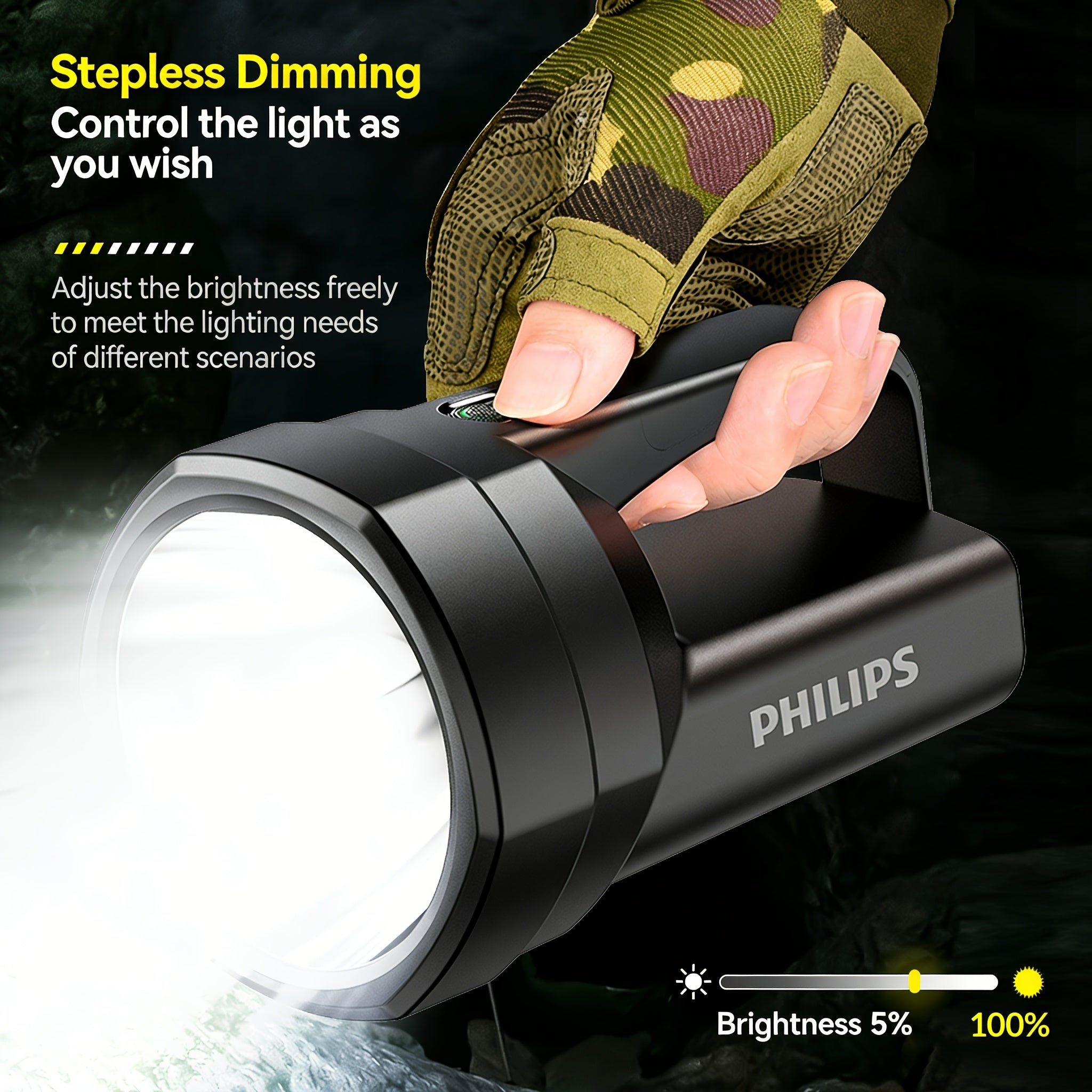 Philips High Lumen Flashlight, Hand Crank Emergency Function, 5 Adjustable Lighting Modes, High Capacity Battery for Long-Lasting Runtime, COB Side Light, Ideal for Fishing, Emergencies, Outdoor Activities, Camping & Home Use