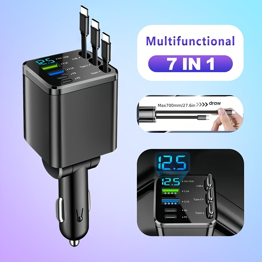 The 7-in-1 Car Fast Charger Adapter Comes With 3 Type-C Data Cables, Which Can Be Extended Freely And Rotate 180°. It Features LED Intelligent Display And Anti-tangling Design. It Is A Must-have For Vehicles.