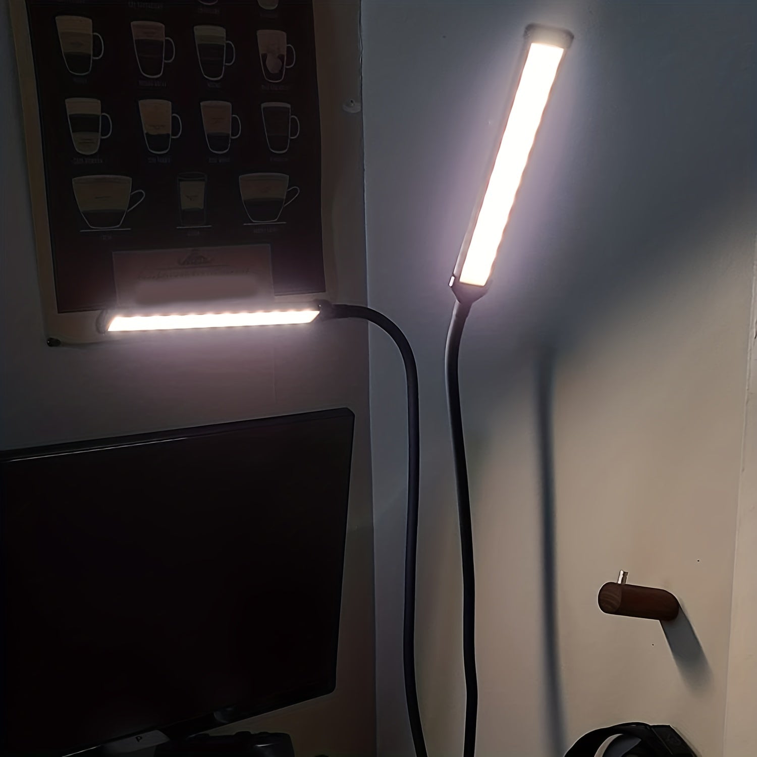 1 modern LED desk lamp, with 2 LED tubes, clip-on design, 3 color modes, 10 brightness levels, dimmable, flexible gooseneck, USB powered, switch control, plastic material, suitable for home office reading and task lighting