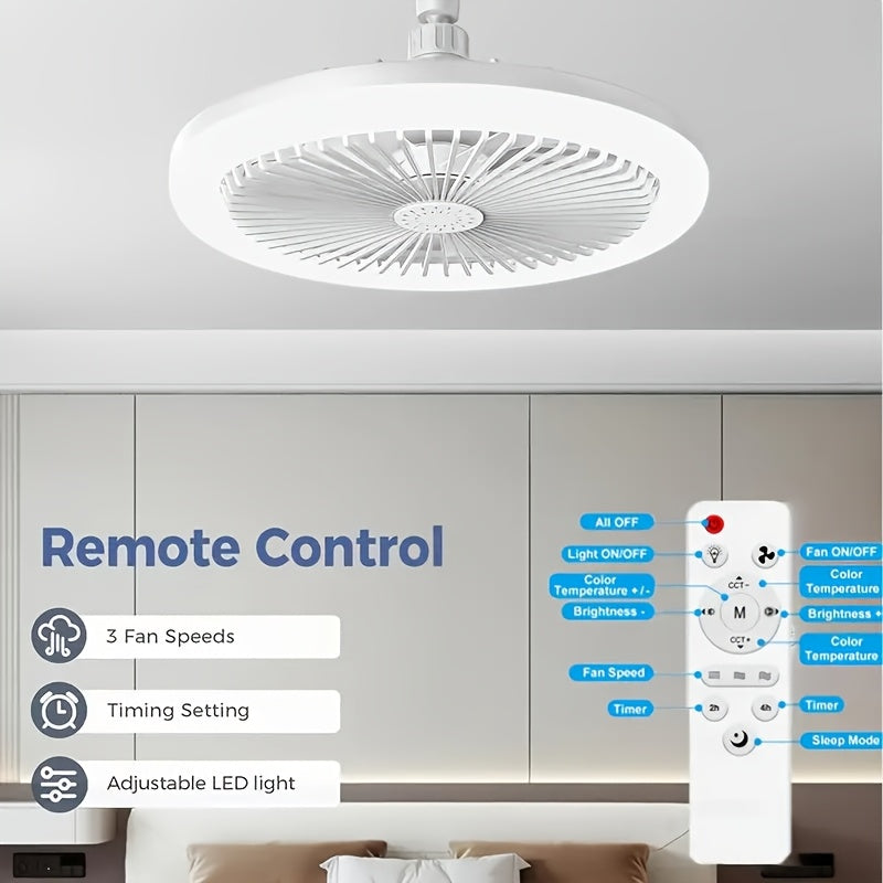 LED Ceiling Fan Light with Remote Control, E26 Screw Base Easy Installation, Adjustable Wind Speed LED Brightness & Color Temperature, Timing Night Light Function, Ideal for Bedroom, Garage, Kitchen and Small Spaces