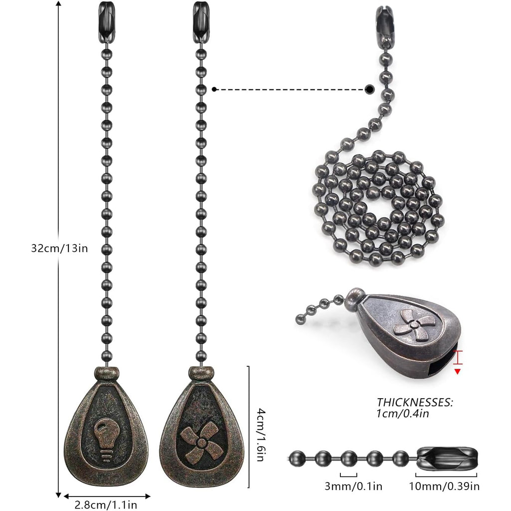 Ceiling Fan Pull Chain Set, Decorative Extended Pull Chain Pendant, 12 Inch Beaded Ball Pull Chain Extender with Connector for Light & Fan, 2-Pack