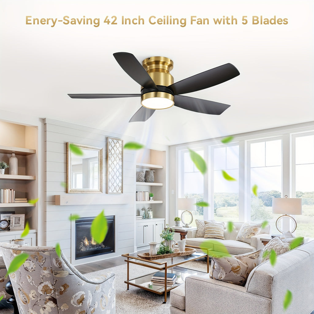 Sofucor 42 Inch Ceiling Fan with Light, 5 Blades Design, Equipped with Remote Control, Quiet Reversible DC Motor, Timing Function and 6 Speed Levels, Black &amp; Gold Available, Perfect for Modern Bedroom and Living Room