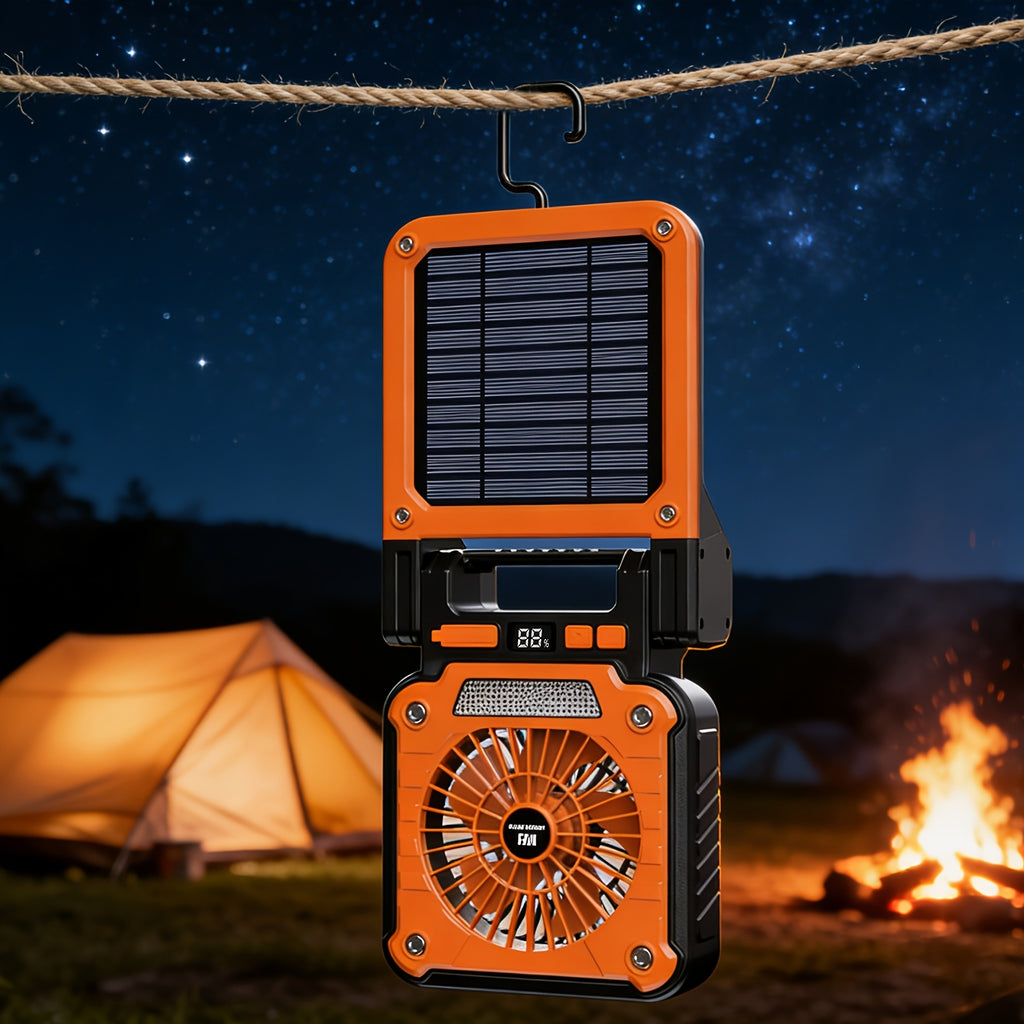 1PC Single Motor Camping Fan, Solar LED Camping Fan, 180° Rotatable Adjustable Angle Fan, Portable Outdoor Fan with Hook, Support Input and Output Charging Function, Suitable for Tents