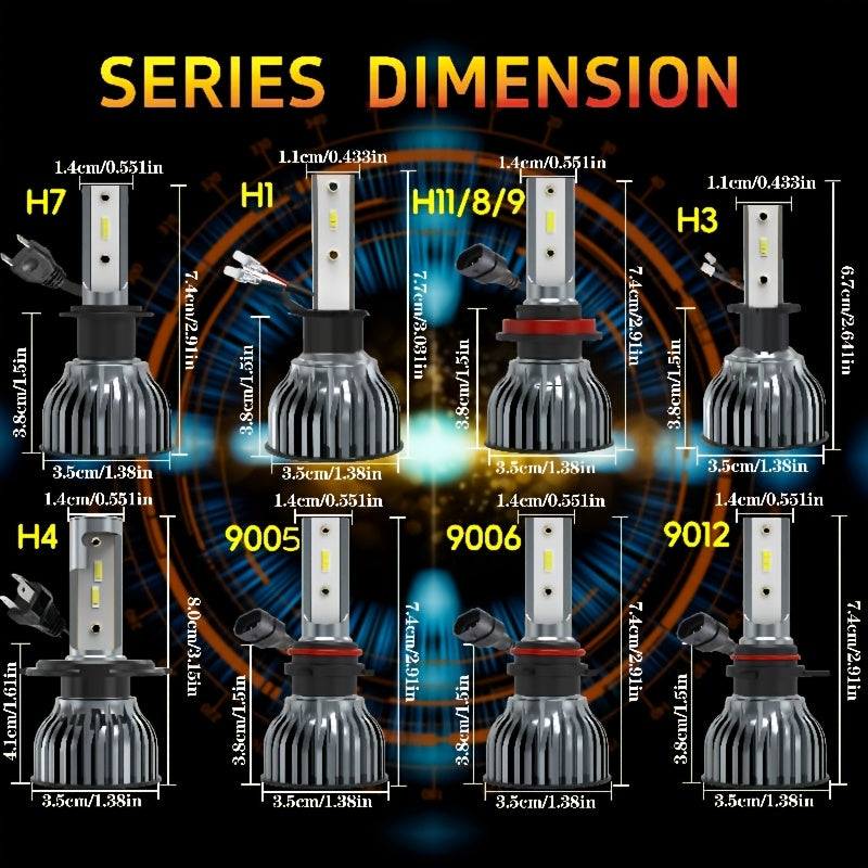 Heyword 2 Sets H7, H1, H3, H4, H8/H9/H11, 9005, 9006, 9012 LED Car Headlight Fog Light, Low Beam, High Beam, Color Temperatures: 4300K/Warm Light, 3000K/Yellow Light, 8000K/Blue Light, 25000K/Ice Blue, 6000K/White Light