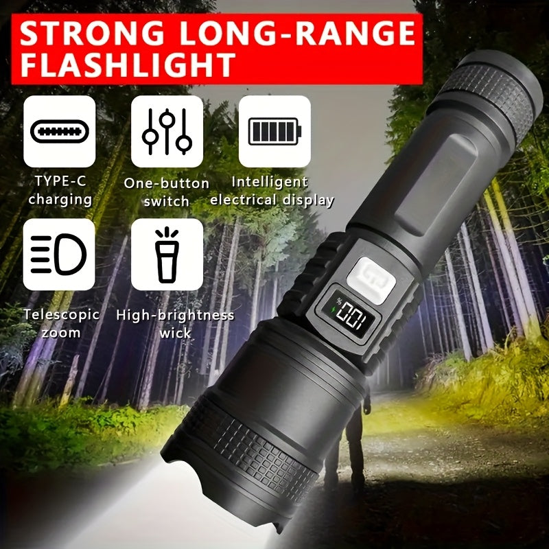 High Beam Long Range Flashlight, Super Bright Large Aperture Telescopic Zoom Torch, USB Rechargeable LED Searchlight, Drop-Proof Non-Slip Grip, Home Power Outage Emergency Light, Outdoor Tactical Flashlight, IP65 Waterproof