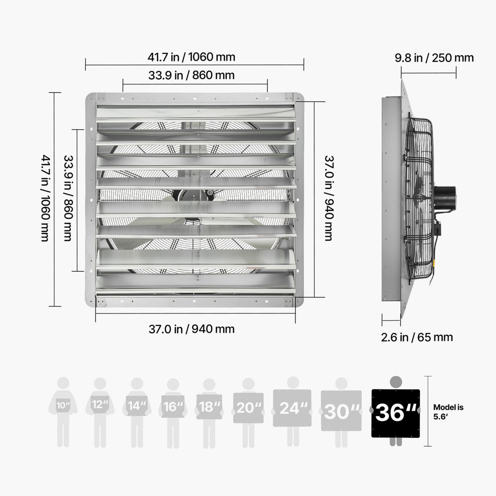 VEVOR 30"/36" Shutter Exhaust Fan, Wall-Mounted Attic Vent Fan, AC Motor, Heavy-Duty Steel Construction, Low Noise, for Shed, Garage, Greenhouse Ventilation & Cooling, Silver
