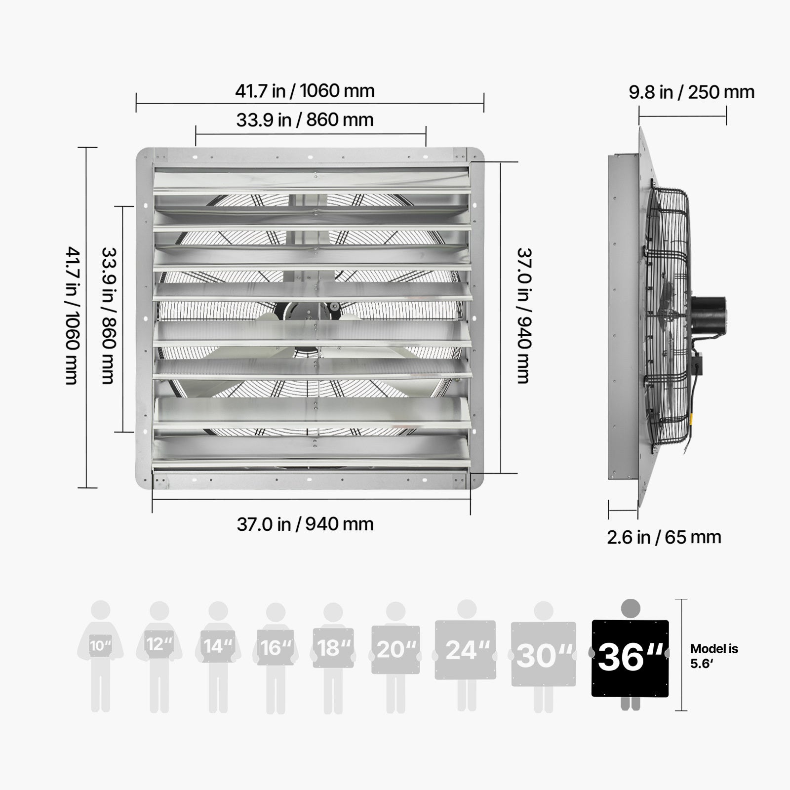 VEVOR 30"/36" Shutter Exhaust Fan, Wall-Mounted Attic Vent Fan, AC Motor, Heavy-Duty Steel Construction, Low Noise, for Shed, Garage, Greenhouse Ventilation & Cooling, Silver