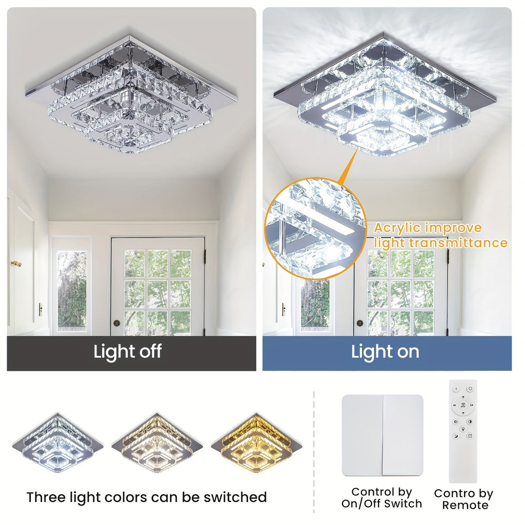 Modern Crystal Chandelier Dimmable Square Ceiling Light - Crystal & Polished Metal Semi-Flush Mount Fixture, Cool White Light Suitable for Bedroom, Living Room, Hallway, Bathroom (Bulb Not Included) - Luxury Crystal Ceiling Light