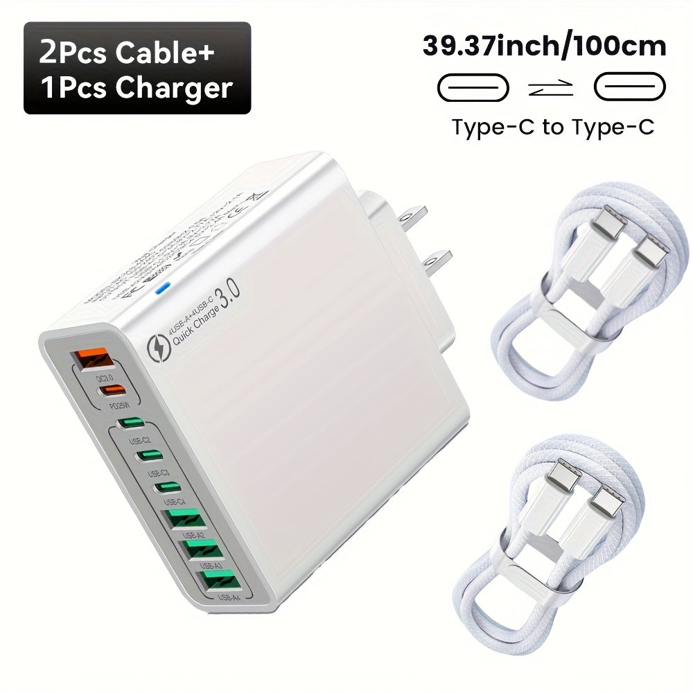 8-Port PD+QC 3.0 Fast Charger Set with Usb/Type-C, Including a Type-C to Type-C Cable. This High-Performance Charging Station Is a Reliable Power Adapter for Home Users And Workspace Additions