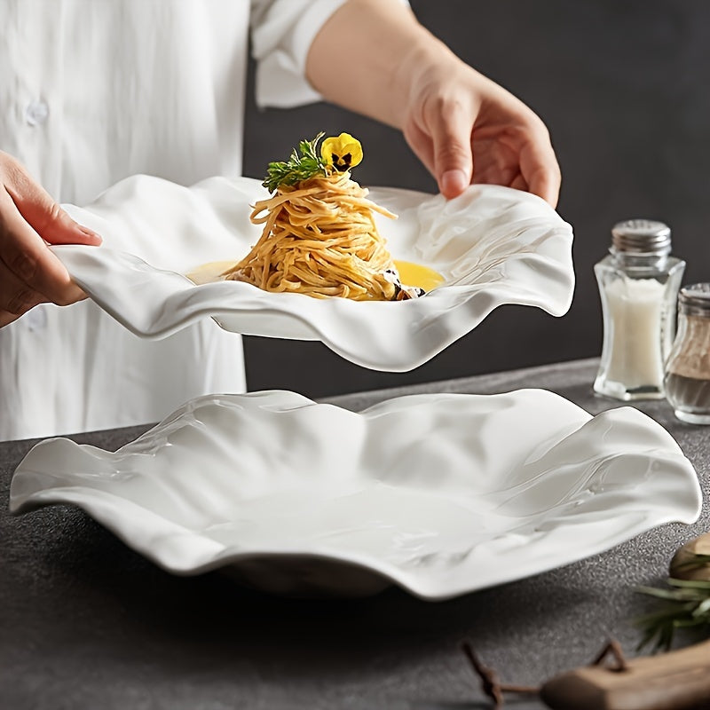 1 pc, Creative Pleated White Ceramic Dinner Plate, Hotel Serving Plate, Pasta Plate, Dessert Plate, Restaurant Commercial Plate, Dessert Tray, Sashimi & Sushi Platter