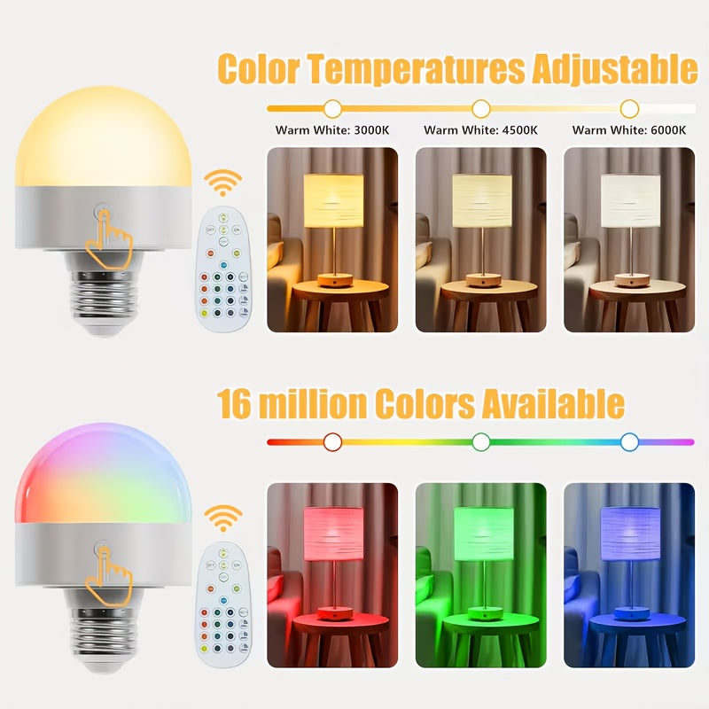 Single remote control rechargeable smart LED light, with E26/E27 base, supports USB charging, provides adjustable color temperature and brightness, very suitable for use in living rooms and bedrooms, can be used as a ceiling light