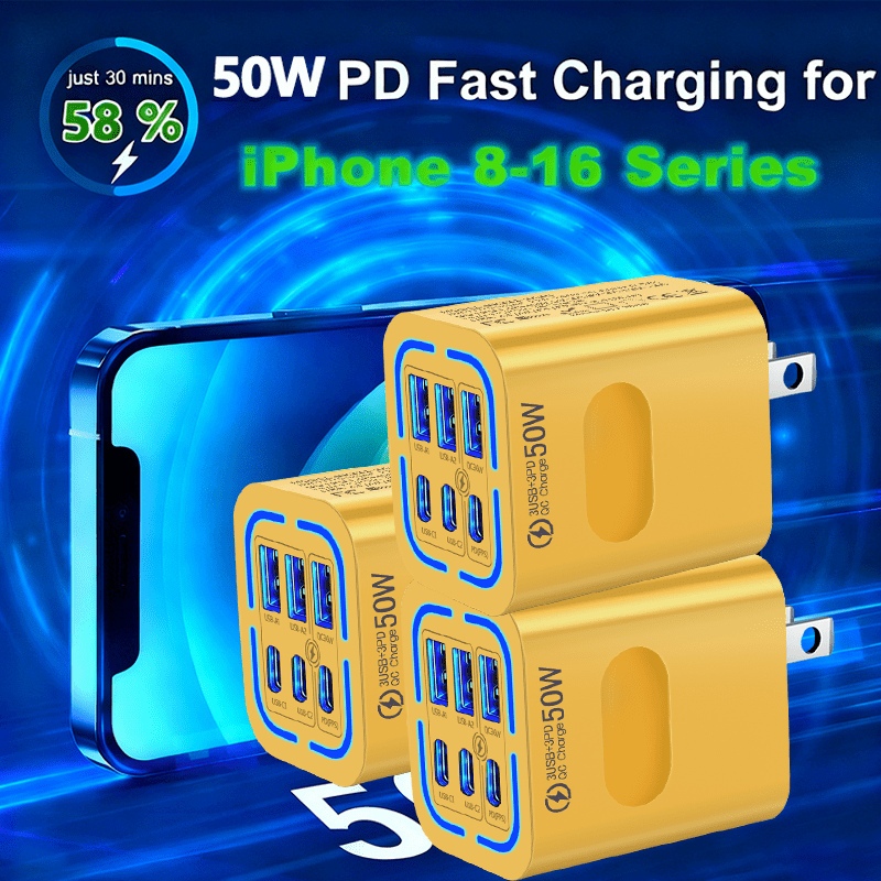 50W US Standard Plug, 3 USB-C + 3 Type C Port Compact Power Adapter | Fast Charging, for iPhone 17 16 15 14 13 12 11 Pro Max Plus, for Samsung, Airpods, iPad, MacBook - UK Charger, US Specification Plug