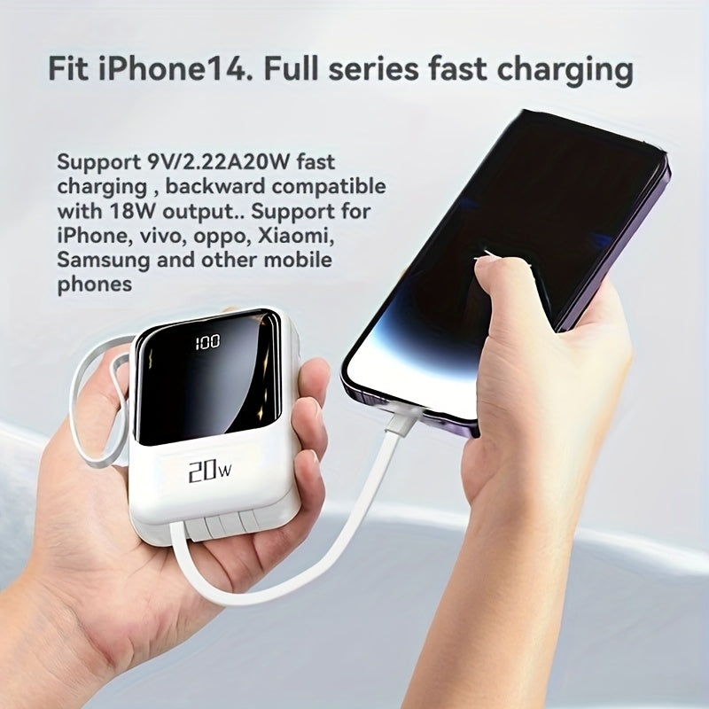 10000毫安大容量迷你充電寶，配備5W-20W快充輸入輸出口線，LED智慧電量顯示，適用於iPhone 16/15/14/13及安卓裝置
