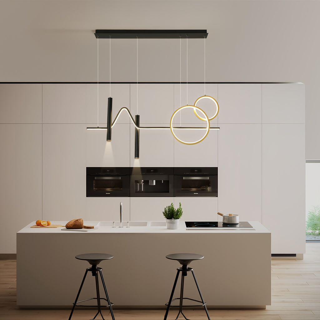 Enkerr modern gold dimmable LED pendant light, with remote control, adjustable color temperature (warm light/cool light), linear wave shape, compatible with spotlights (wall switch control), suitable for island, dining room, living room
