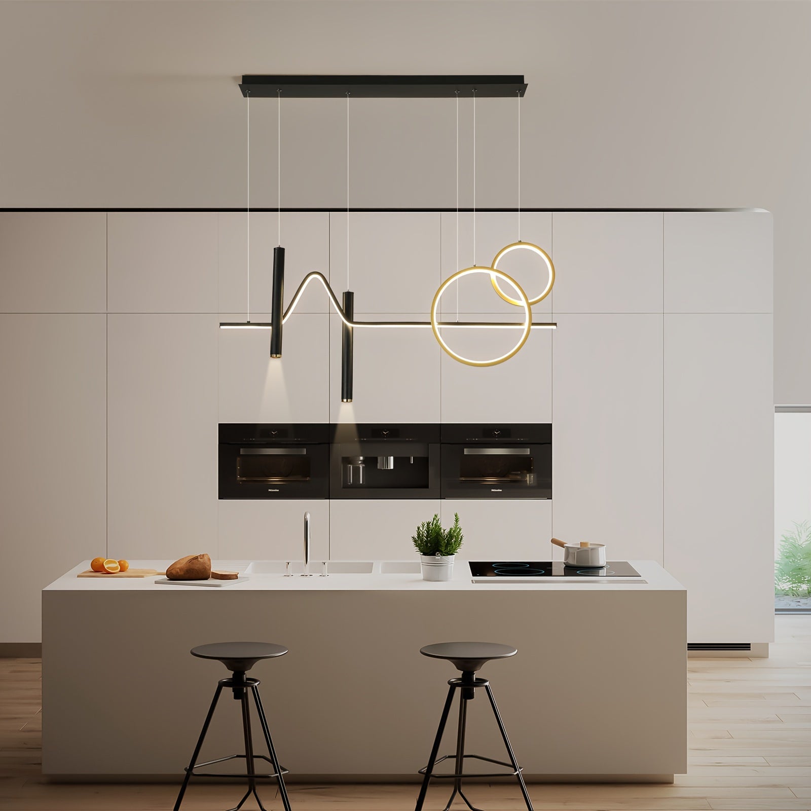 Enkerr modern gold dimmable LED pendant light, with remote control, adjustable color temperature (warm light/cool light), linear wave shape, compatible with spotlights (wall switch control), suitable for island, dining room, living room