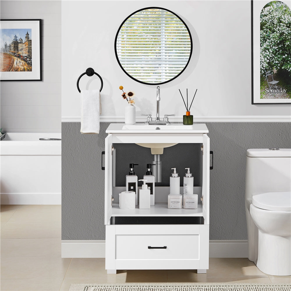 Costoffs Freestanding Bathroom Vanity with Ceramic Sink - 2-Door Base Cabinet with Drawers, Modern Bathroom Storage Combo Set, Home Furniture