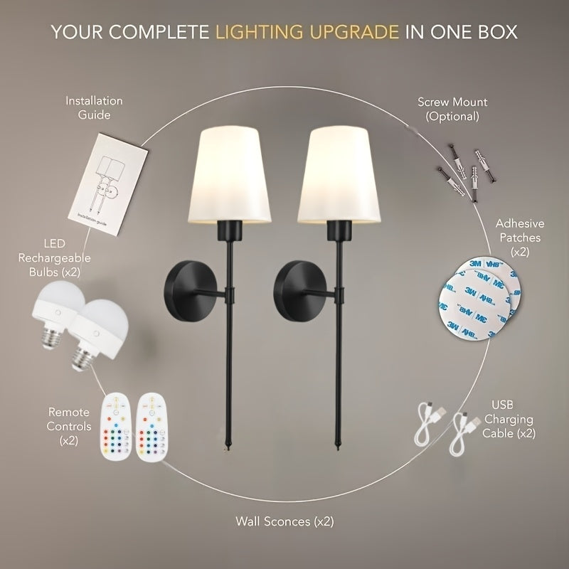 Modern Style Wireless Wall Light Set (2-Pack), Rechargeable Bulb with Remote Control - Adjustable Brightness / Color Temperature, Suitable for Easy Installation, Semi-Flush Mount Design, Suitable for Office