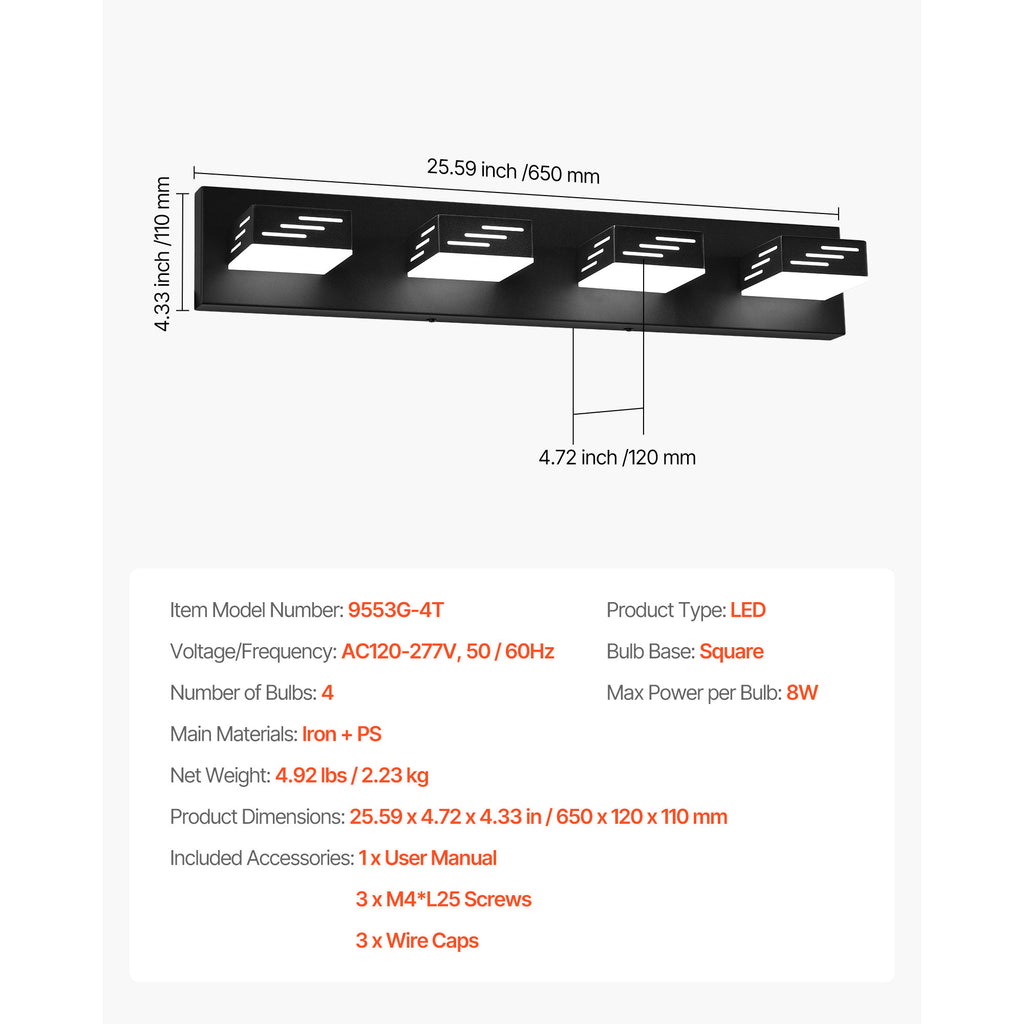VEVOR 3/4/5/6-Light LED Modern Bathroom Wall Lamp 19.69/25.6/33.5/40.2-Inch Wall Light