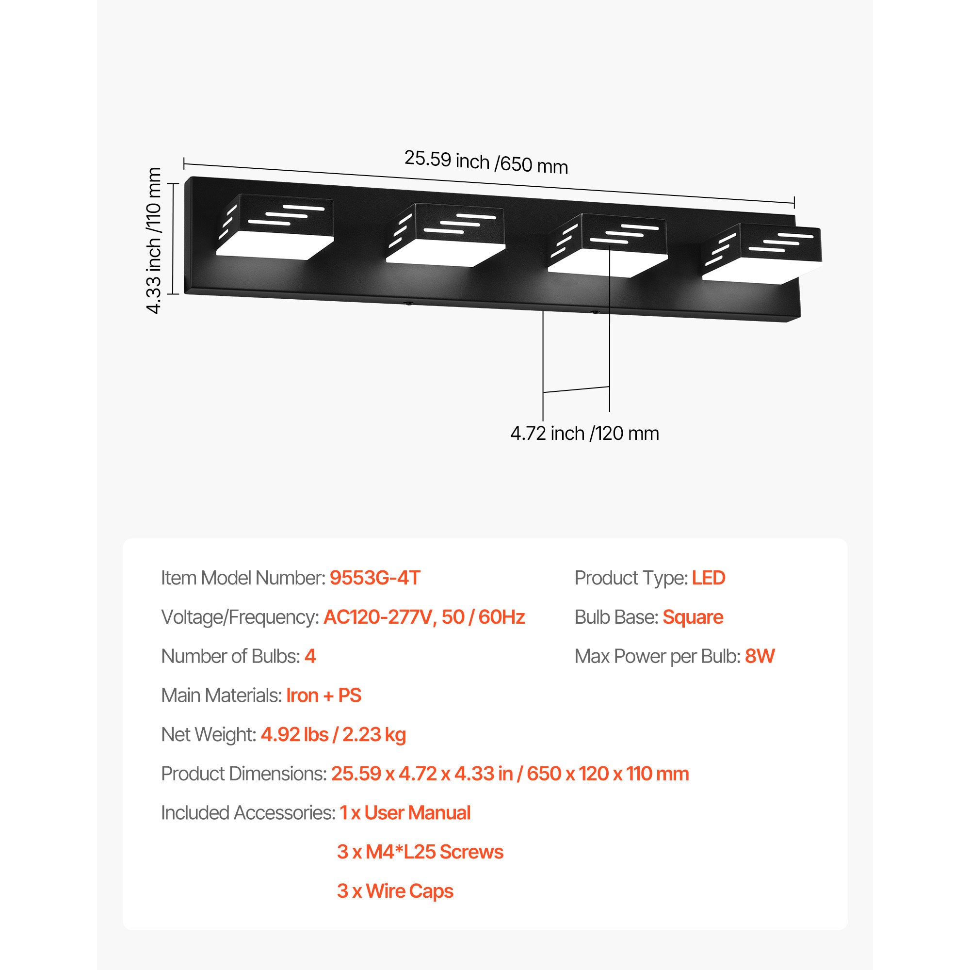 VEVOR 3/4/5/6-Light LED Modern Bathroom Wall Lamp 19.69/25.6/33.5/40.2-Inch Wall Light