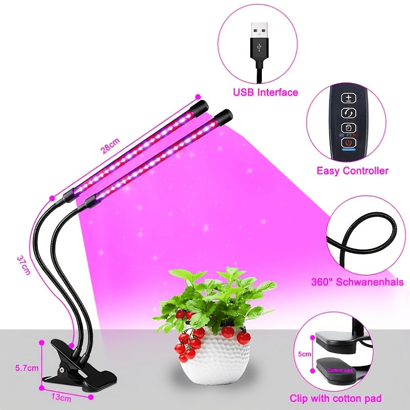 2-Head Full Spectrum LED Grow Light, USB Clip-On 5V Indoor Greenhouse Grow Lamp, Dimmable 3/9/12H Timer, Ideal for Seedlings Flowers Houseplants, Valentine's Day Gift