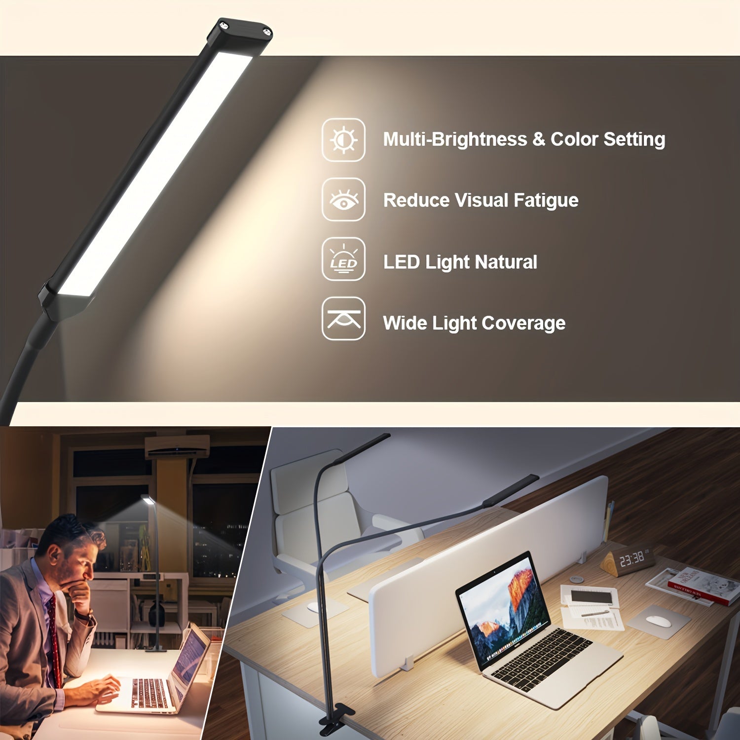 1 modern LED desk lamp, with 2 LED tubes, clip-on design, 3 color modes, 10 brightness levels, dimmable, flexible gooseneck, USB powered, switch control, plastic material, suitable for home office reading and task lighting