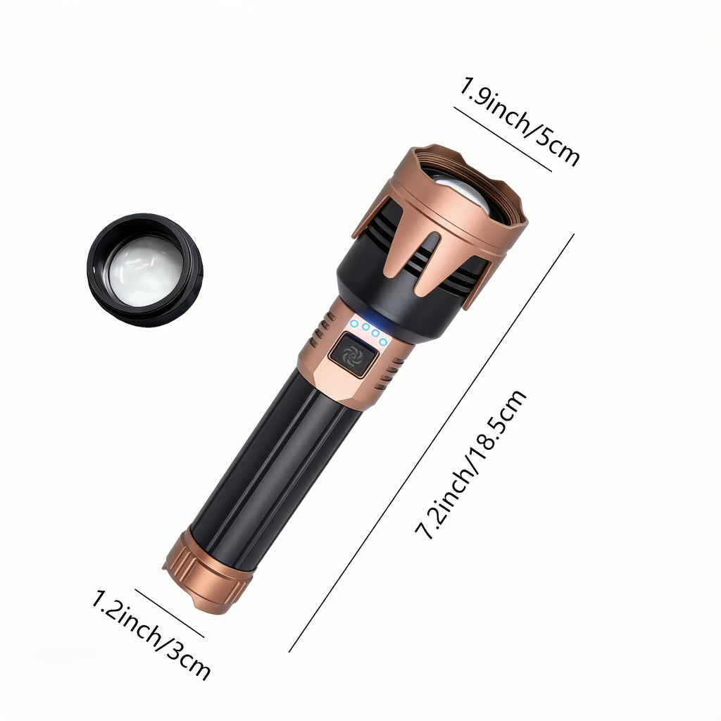 All-Aluminum Flashlight, Includes Small Storage Pouch, Equipped with Durable 5000mAh Battery, Zoomable Lens, Fresnel Lens Ignition Function, A Great Gift Idea. Features a Hands-Free Lanyard Design