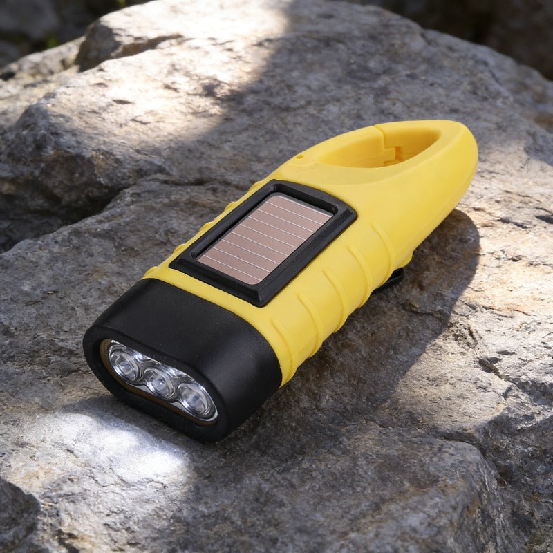 Hand-Crank & Solar Powered Emergency Flashlight, Portable LED Light with Carabiner Clip, Ideal for Camping & Hiking, IP66 Protection Rating