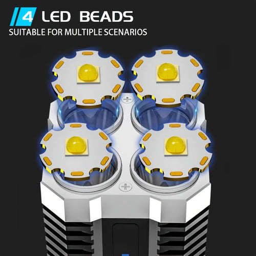 1PC 4LED Flashlight with COB Side Light, 4 Lighting Modes USB Rechargeable, Camping Tool, Plastic Material