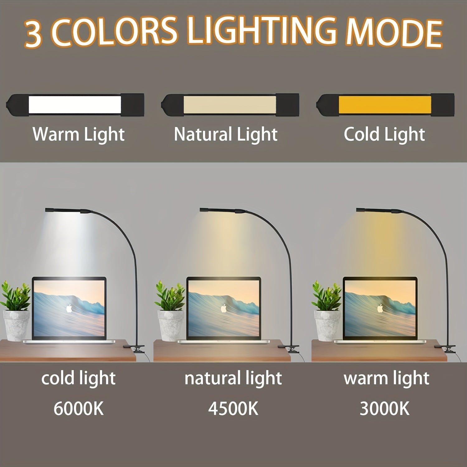 Clip-on desk lamp, soft gooseneck freely adjustable, adjustable brightness and dimmable, one-key switch: white light (efficient work), warm yellow (comfortable leisure), yellow light (romantic atmosphere), suitable for living rooms, studies
