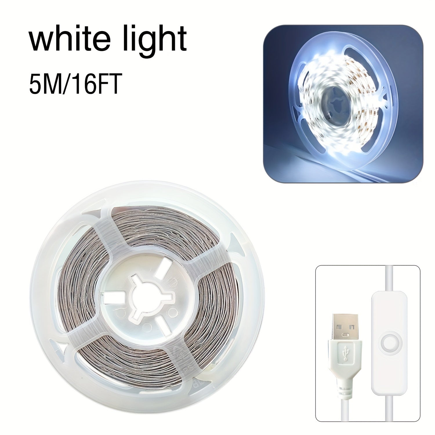 BJ-5VRGB 暖/白LED灯5V自带开关按钮， USB供电，高显色，灵活，可粘贴，可裁剪。卧室，衣柜，厨柜，家庭可DIY照明